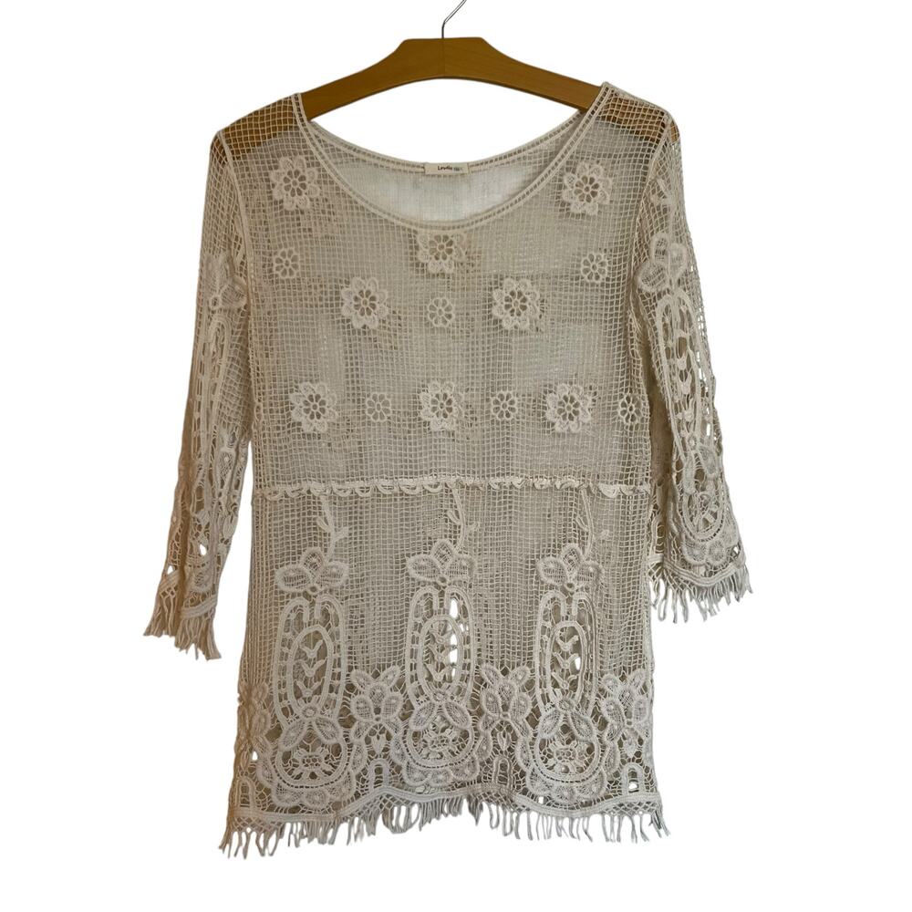 Lovely 153 Crochet Long Sleeve Top Floral Open Knit Fringe Cover Up Boho Size S
